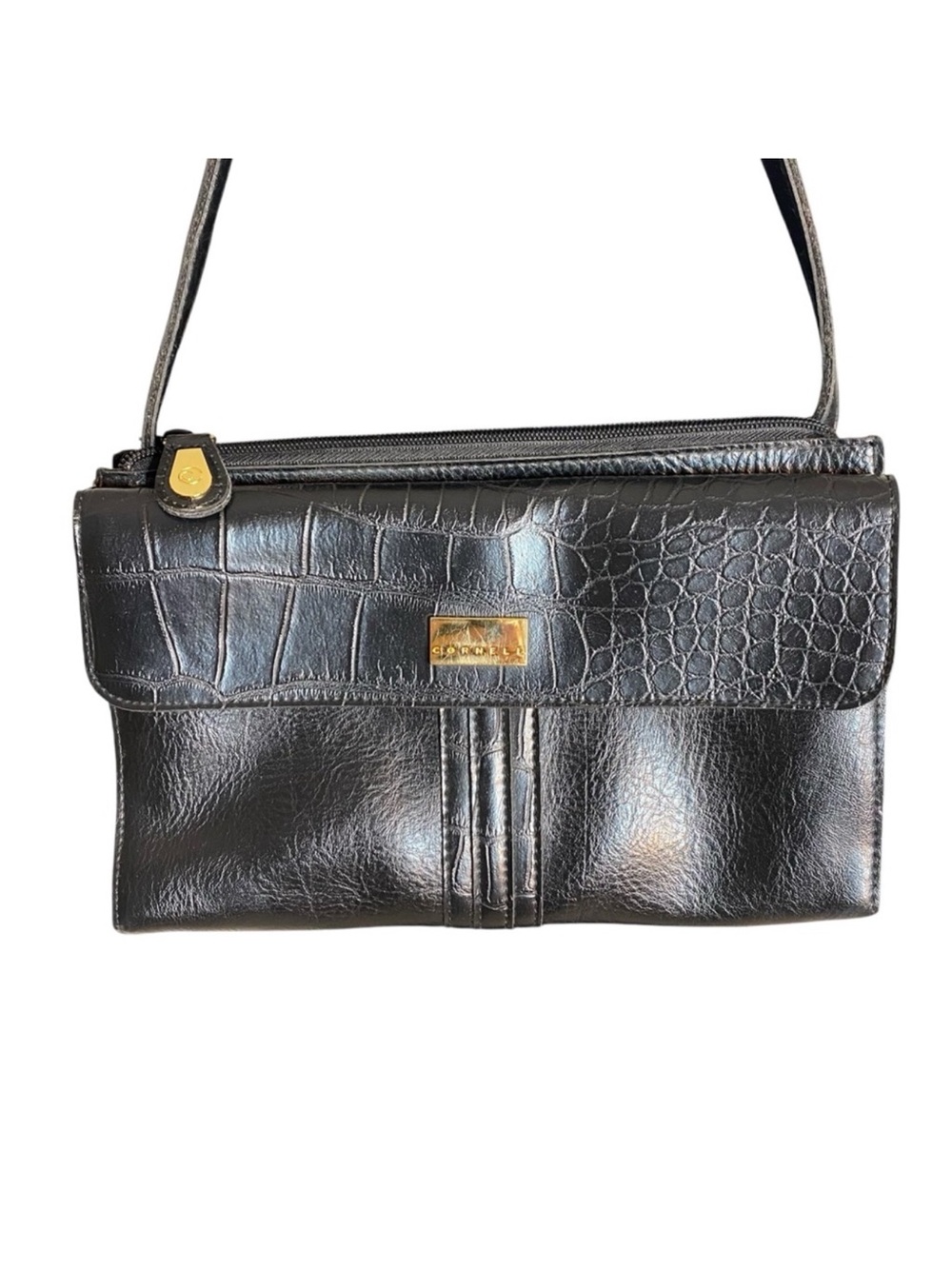 CORNELL Black Croc Embossed Shoulder Bag Purse Handbag Faux Leather